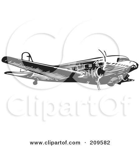 Royalty-Free (RF) Clipart Illustration of a Retro Black And White Plane - 3 by BestVector