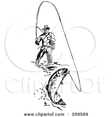 Royalty-Free (RF) Clipart Illustration of a Retro Black And White Wading Fisherman Reeling In A Fish by BestVector