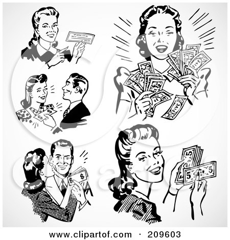 Royalty-Free (RF) Clipart Illustration of a Digital Collage Of Retro Black And White Men And Women With Cash And A Check by BestVector