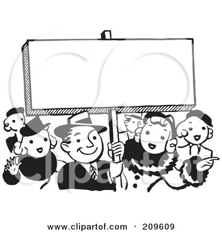 Royalty-Free (RF) Clipart Illustration of a Retro Black And White Crowd By A Blank Sign by BestVector
