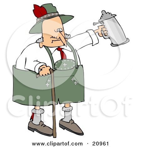 Clipart Illustration of a Drunk Old Senior Man Walking With A Cane And Partying With A Beer Stein At Oktoberfest by djart