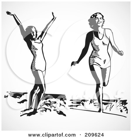 Royalty-Free (RF) Clipart Illustration of a Digital Collage Of Retro Black And White Women In The Surf At The Beach by BestVector