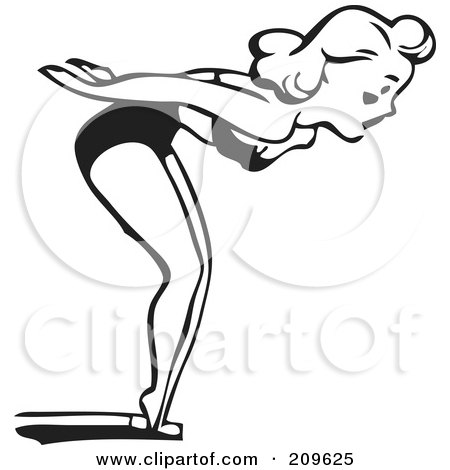 Royalty-Free (RF) Clipart Illustration of a Retro Black And White Woman At The Edge Of A Diving Board by BestVector