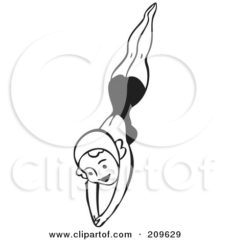 Royalty-Free (RF) Clipart Illustration of a Retro Black And White Woman Wearing A Cap And Diving by BestVector