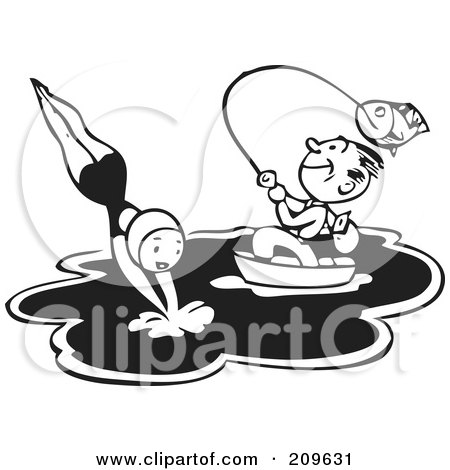 Royalty-Free (RF) Clipart Illustration of a Retro Black And White Man Fishing In A Boat While A Woman Swims by BestVector
