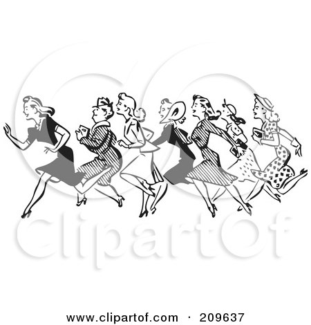 Royalty-Free (RF) Clipart Illustration of a Retro Black And White Line Of Running Shopping Women by BestVector