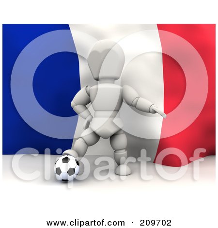 Royalty-Free (RF) Clipart Illustration of a 3d White Character Resting His Foot On A Soccer Ball In Front Of A French Flag by KJ Pargeter