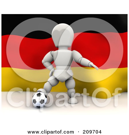 Royalty-Free (RF) Clipart Illustration of a 3d White Character Resting His Foot On A Soccer Ball In Front Of A German Flag by KJ Pargeter