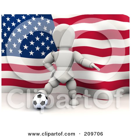 Royalty-Free (RF) Clipart Illustration of a 3d White Character Resting His Foot On A Soccer Ball In Front Of An American Flag by KJ Pargeter