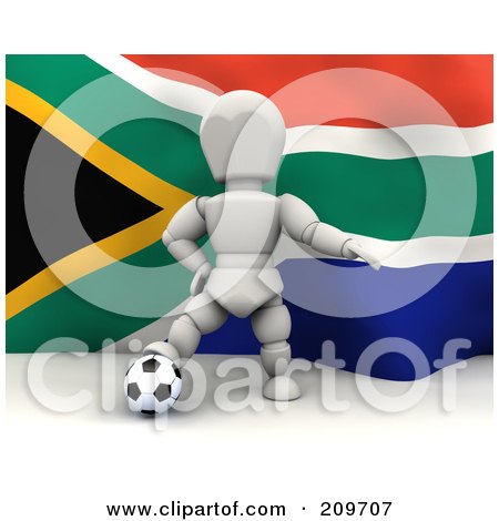 Royalty-Free (RF) Clipart Illustration of a 3d White Character Resting His Foot On A Soccer Ball In Front Of A South African Flag by KJ Pargeter
