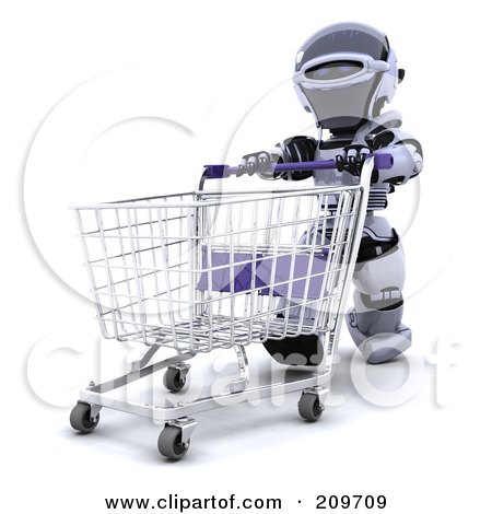 Royalty-Free (RF) Clipart Illustration of a 3d Silver Robot Pushing An Empty Cart by KJ Pargeter