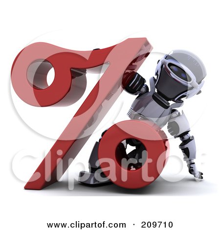Royalty-Free (RF) Clipart Illustration of a 3d Silver Robot Looking Around A Red Percent Symbol by KJ Pargeter