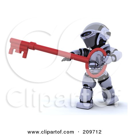 Royalty-Free (RF) Clipart Illustration of a 3d Silver Robot Holding A Red Skeleton Key by KJ Pargeter