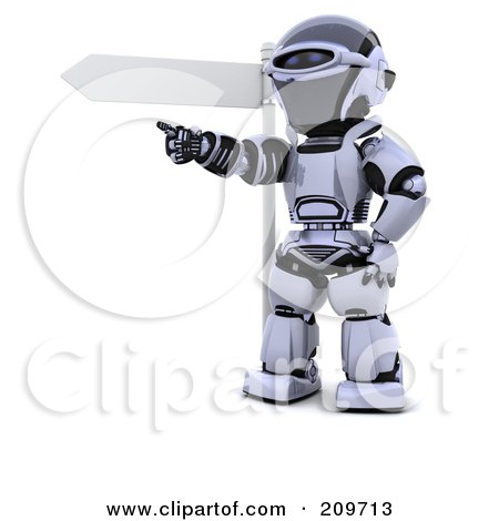 Royalty-Free (RF) Clipart Illustration of a 3d Silver Robot Pointing By A Directional Sign by KJ Pargeter