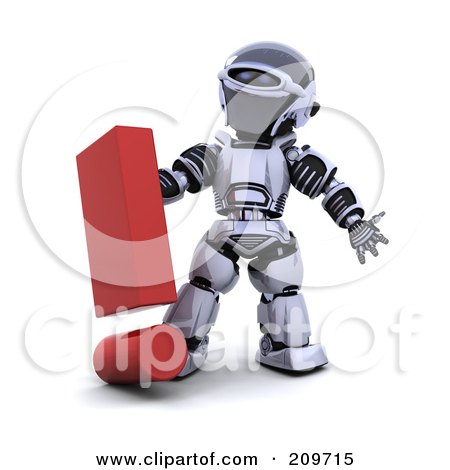 Royalty-Free (RF) Clipart Illustration of a 3d Silver Robot With A Red Exclamation Point by KJ Pargeter