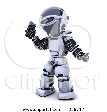 Royalty-Free (RF) Clipart Illustration of a 3d Silver Robot Holding A Black Cell Phone by KJ Pargeter