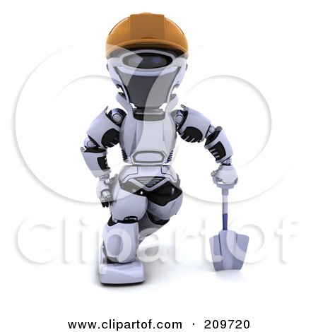 Royalty-Free (RF) Clipart Illustration of a 3d Silver Robot Wearing A Hard Hat And Leaning On A Shovel by KJ Pargeter