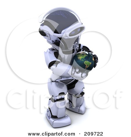 Royalty-Free (RF) Clipart Illustration of a 3d Silver Robot Holding And Looking Down At A Globe by KJ Pargeter
