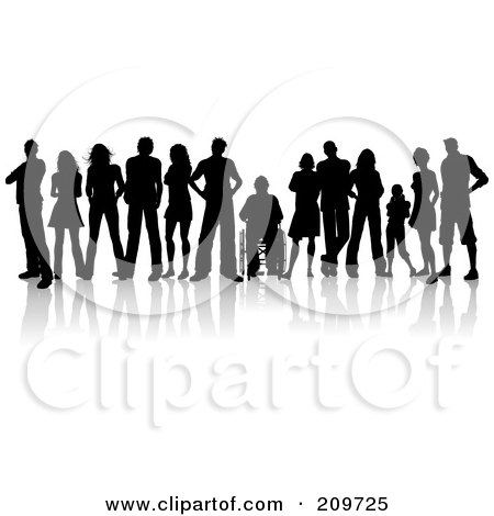 Royalty-Free (RF) Clipart Illustration of a Line Of Silhouetted Young Adults, One In A Wheelchair by KJ Pargeter