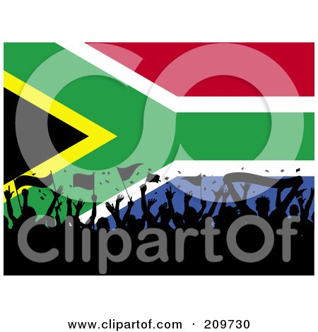 Royalty-Free (RF) Clipart Illustration of a Silhouetted Crowd Waving Flags Over A South African Flag by KJ Pargeter