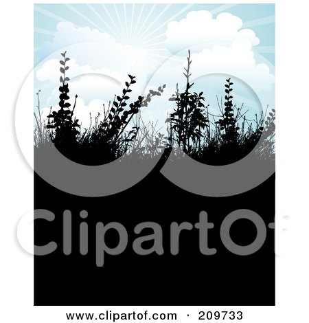 Royalty-Free (RF) Clipart Illustration of Plants Silhouetted Under A Sunny Blue Sky by KJ Pargeter