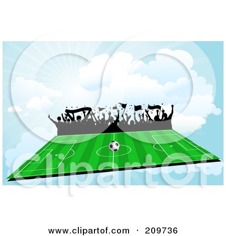 Royalty-Free (RF) Clipart Illustration of Silhouetted Fans Waving Flags And Looking Out On A Soccer Field In The Sky by KJ Pargeter