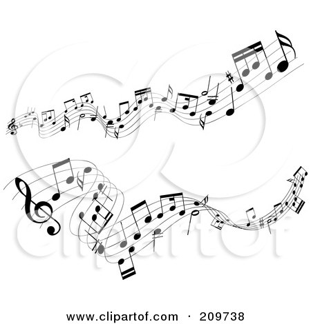 Royalty-Free (RF) Clipart Illustration of Two Lines Of Music Notes Flowing Over White by KJ Pargeter
