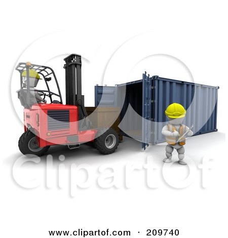 Royalty-Free (RF) Clipart Illustration of a Warehouse Worker White Character Supervising A Forklift Driver In A Warehouse by KJ Pargeter
