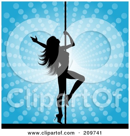 Royalty-Free (RF) Clipart Illustration of a Sexy Silhouetted Pole Dancer Over A Blue Halftone Background by KJ Pargeter