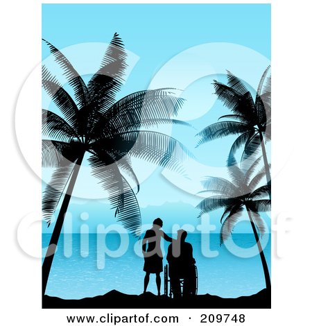 Royalty-Free (RF) Clipart Illustration of a Silhouetted Woman Standing Beside A Man In A Wheelchair, Watching A Tropical Horizon by KJ Pargeter