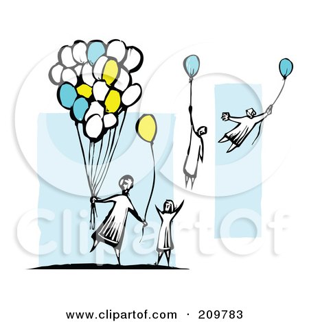 Royalty-Free (RF) Clipart Illustration of a Group Of Children Grabbing Balloons And Floating Away by xunantunich