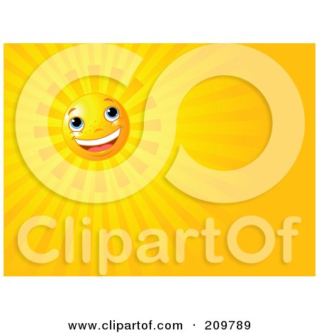 Royalty-Free (RF) Clipart Illustration of a Happy Shining Sun Background With Orange Rays by Pushkin