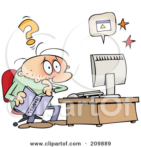Royalty-Free (RF) Clipart Illustration of a Computer Illiterate Toon Guy Trying To Solve A Computer Problem by gnurf