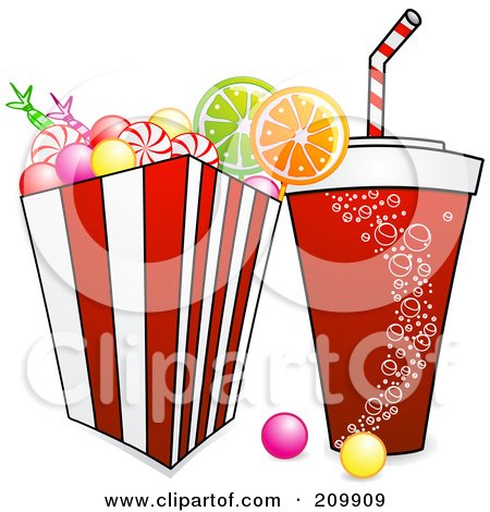 Royalty-Free (RF) Clipart Illustration of a Fountain Soda And Bucket Of Candy by elaineitalia