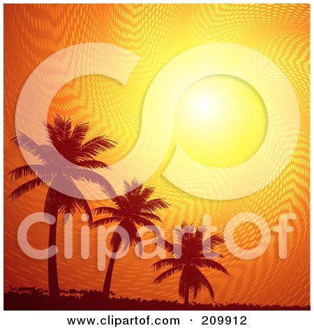 Royalty-Free (RF) Clipart Illustration of an Orange Sunset Sky Above Silhouetted Palm Trees And Grunge by elaineitalia