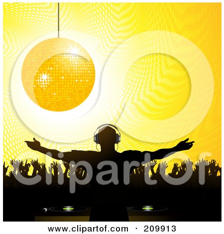 Royalty-Free (RF) Clipart Illustration of a Golden Disco Ball Suspended Over A Silhouetted Crowd And Party DJ by elaineitalia