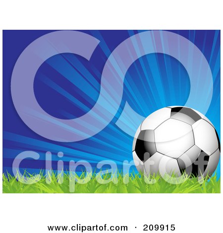 Royalty-Free (RF) Clipart Illustration of a Bursting Blue Background With A Soccer Ball On Grass by elaineitalia