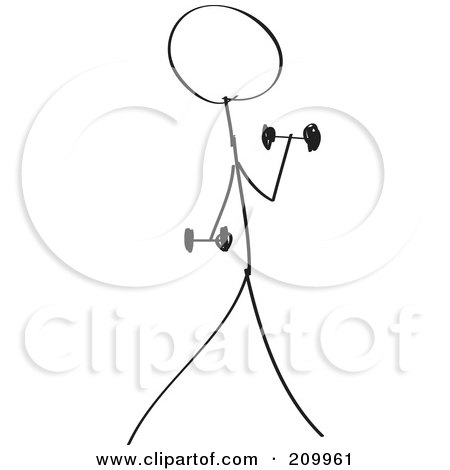 Royalty-Free (RF) Clipart Illustration of a Stick Fitness Character Doing One Arm Dumbbell Bicep Curls by Clipart Girl