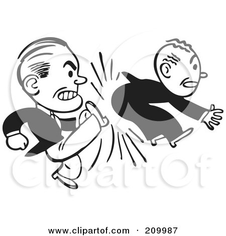 Royalty-Free (RF) Clipart Illustration of a Retro Black And White Businessman Kicking Another In The Butt by BestVector