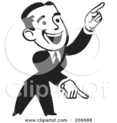 Royalty-Free (RF) Clipart Illustration of a Retro Black And White Businessman Pointing Down And Up by BestVector