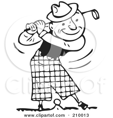 Royalty-Free (RF) Clipart Illustration of a Retro Black And White Man Swinging A Golf Club by BestVector