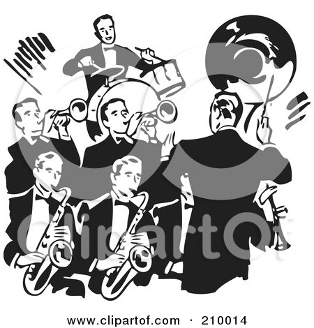 Royalty-Free (RF) Clipart Illustration of a Retro Black And White Conductor Leading A Band Of Men by BestVector