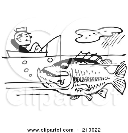 Royalty-Free (RF) Clipart Illustration of a Retro Black And White Man Sitting In A Boat And Catching A Giant Fish by BestVector