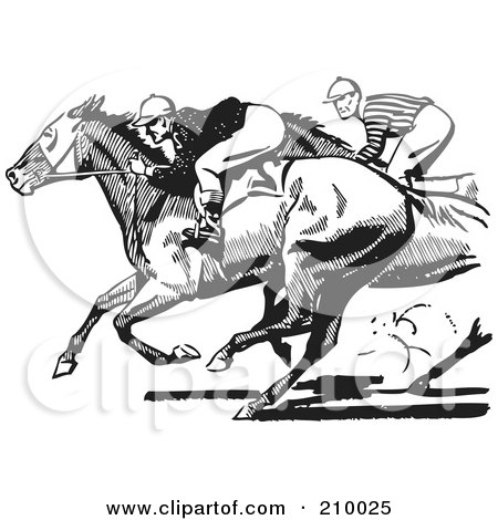 Royalty-Free (RF) Clipart Illustration of Retro Black And White Jockeys Racing by BestVector