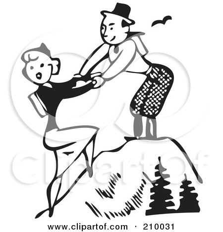 Royalty-Free (RF) Clipart Illustration of a Retro Black And White Couple Hiking To The Top Of A Mountain by BestVector