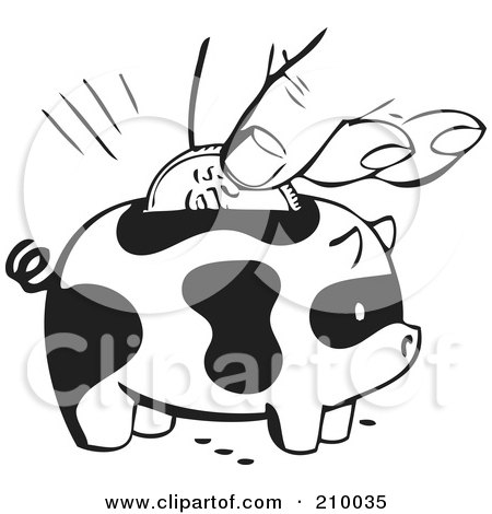 Royalty-Free (RF) Clipart Illustration of a Retro Black And White Hand Inserting A Coin Into A Spotted Piggy Bank by BestVector