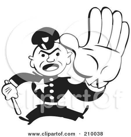Royalty-Free (RF) Clipart Illustration of a Retro Black And White Policeman Running With A Baton by BestVector