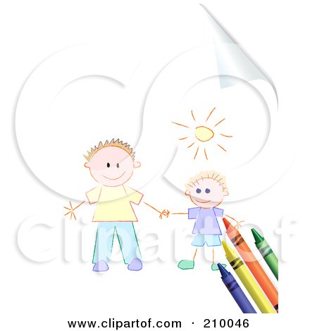 Royalty-Free (RF) Clipart Illustration of Crayons And Sketched Kids On A Turning Page by Pushkin