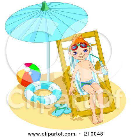 Royalty-Free (RF) Clipart Illustration of a Little Boy Drinking Water And Relaxing Under A Beach Umbrella by Pushkin