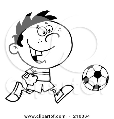 Royalty-Free (RF) Clipart Illustration of a Coloring Page Outline Of A Cartoon Soccer Player Boy Running After A Ball by Hit Toon